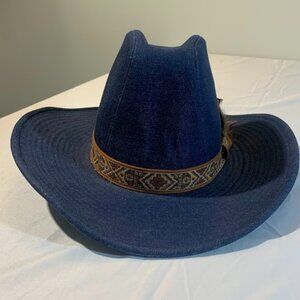 Vtg Lanning blue denim cowboy western hat with feather